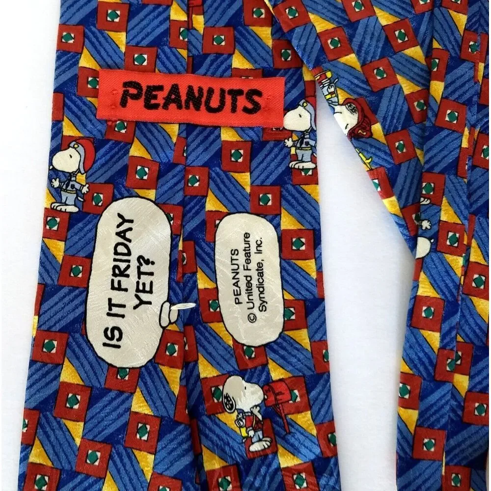 SNOOPY Peanuts Silk Tie Is It Friday Yet? Blue Red & Yellow Geometric Stripe USA